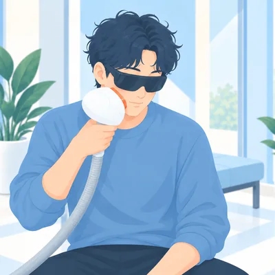 保護メガネをかけて、自分でほおに当てる男性