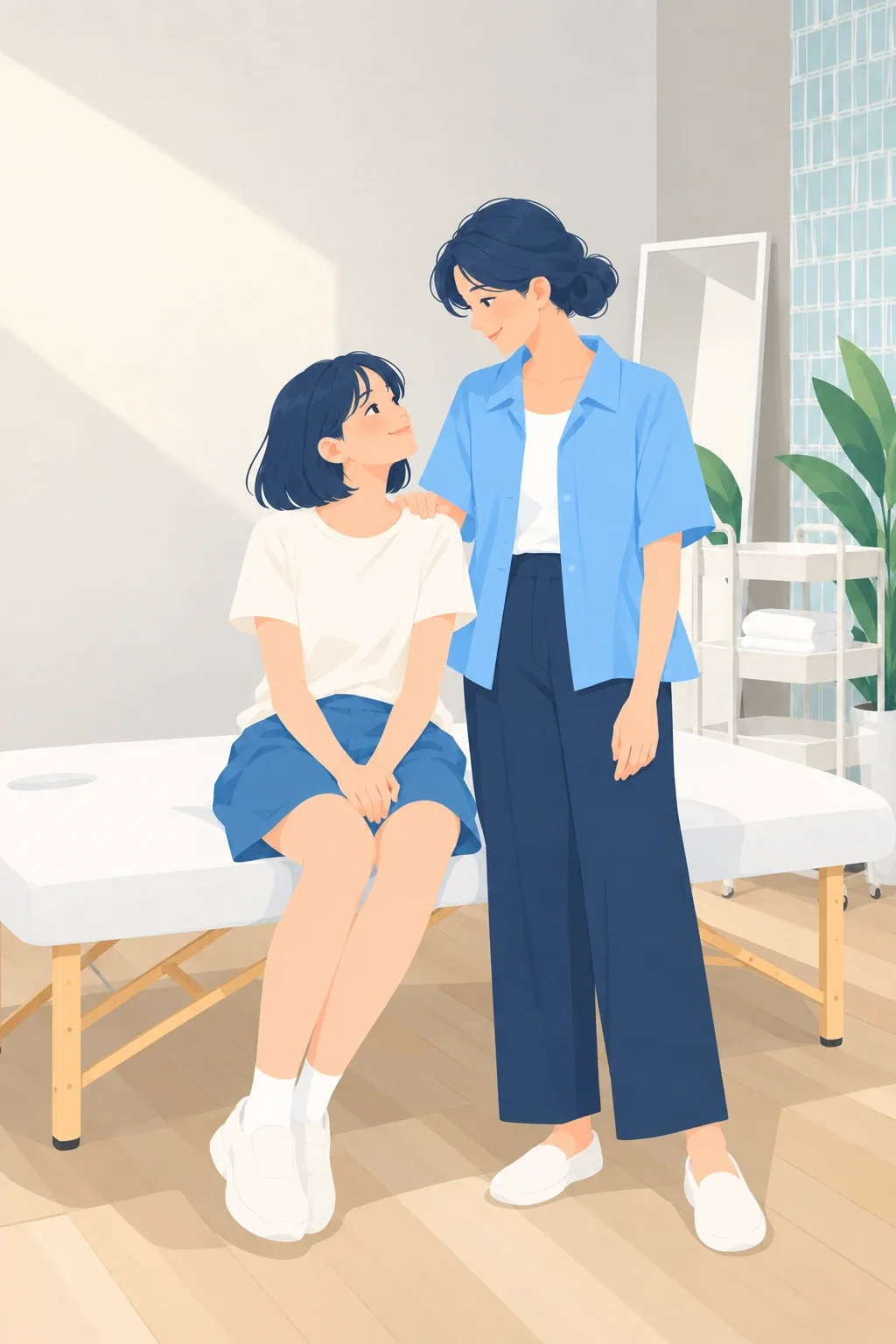 個室で、ベッドに座る娘とその肩に手を置くお母さん