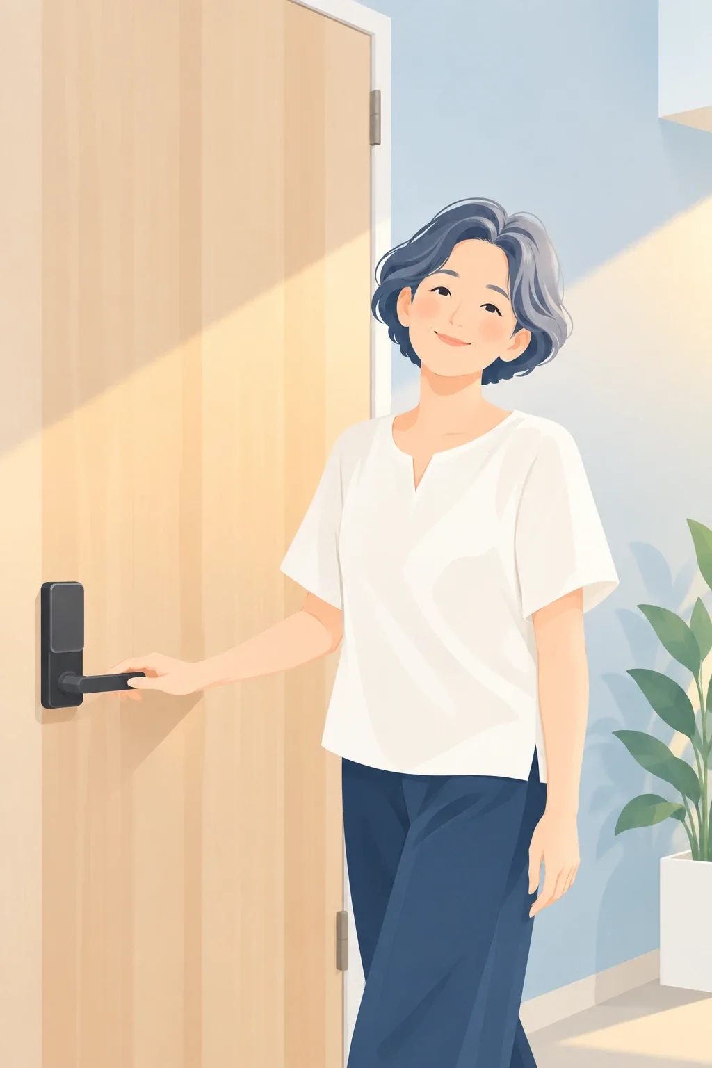 ドアの前で、こちらを向いてにっこりする年配の女性