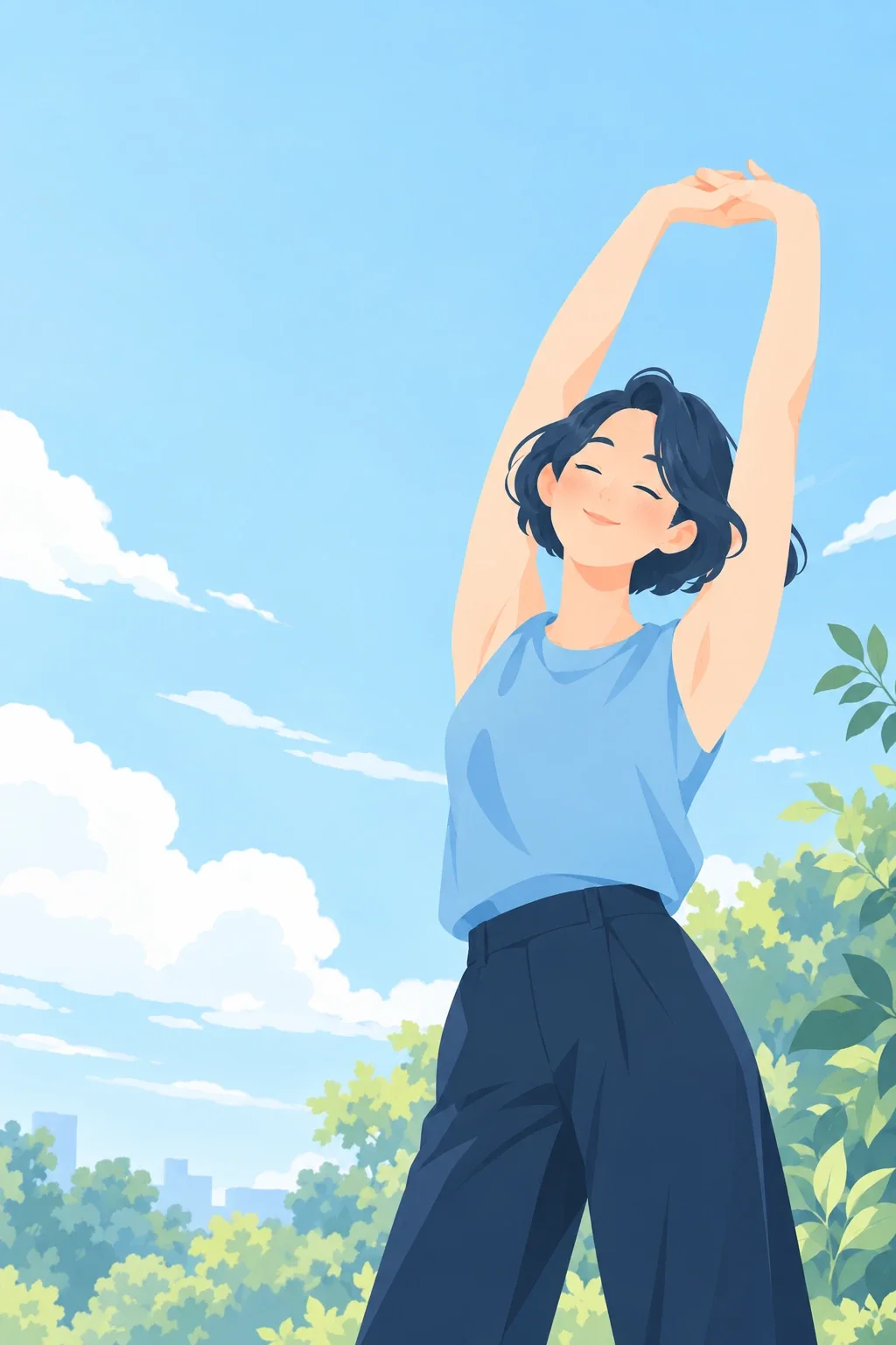 晴れた空の下で、腕を上げて伸びをする女性