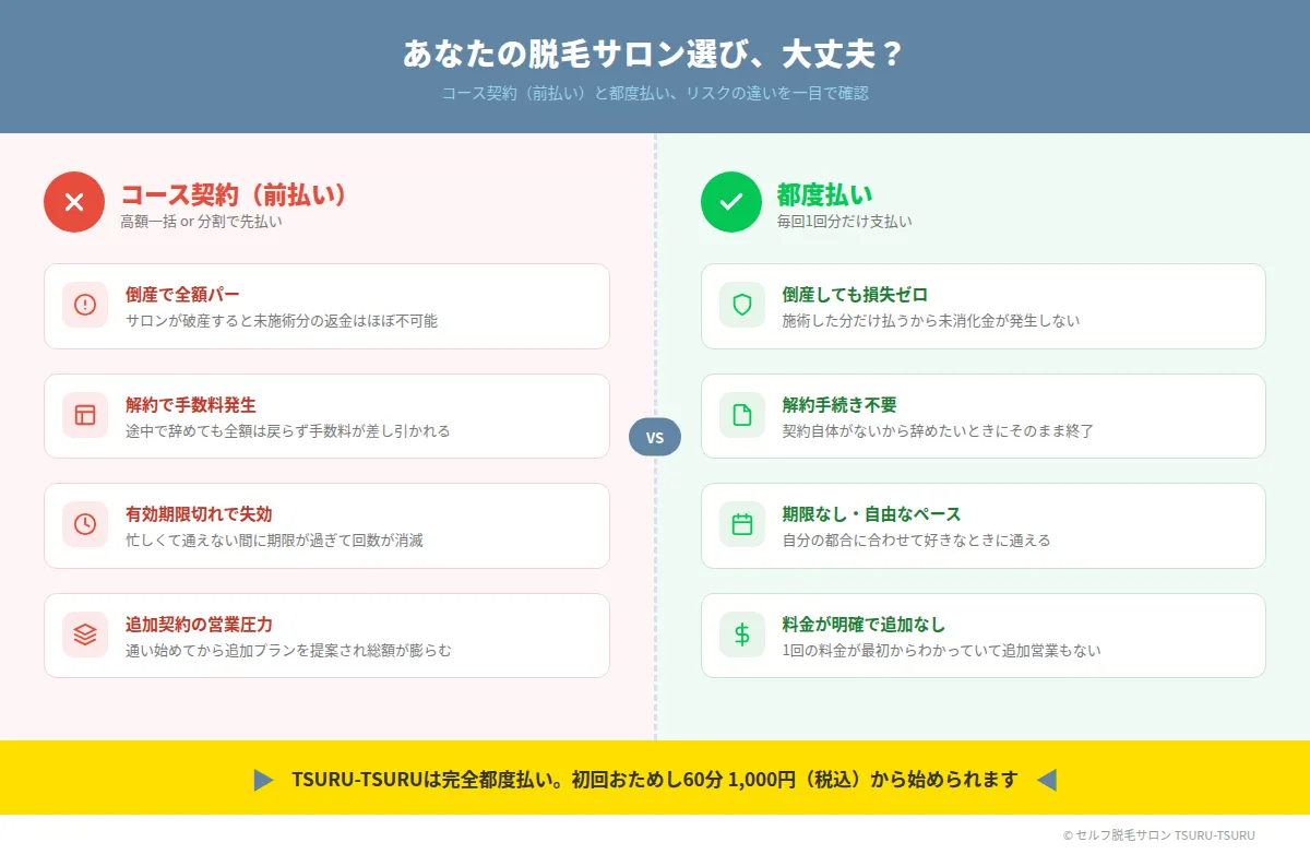 コース契約と都度払いのリスク比較 前払いのNG要素と都度払いの安心ポイント