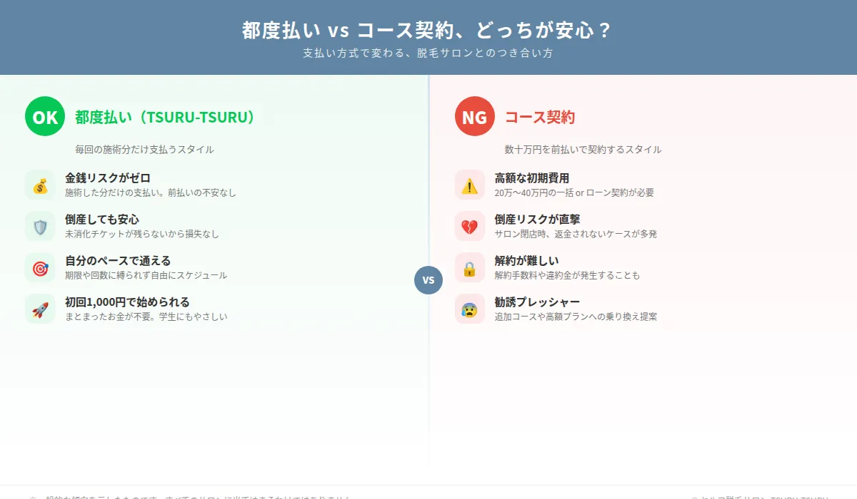 都度払いとコース契約の安心度を比較したOK・NGビジュアル